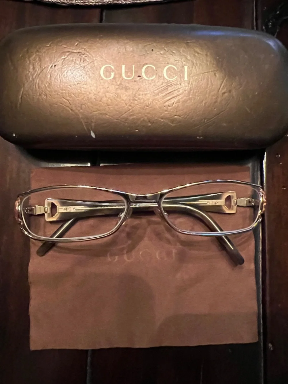 Gucci Gold/Tortoiseshell Slim Rectangular Glasses - Picture 7 of 10